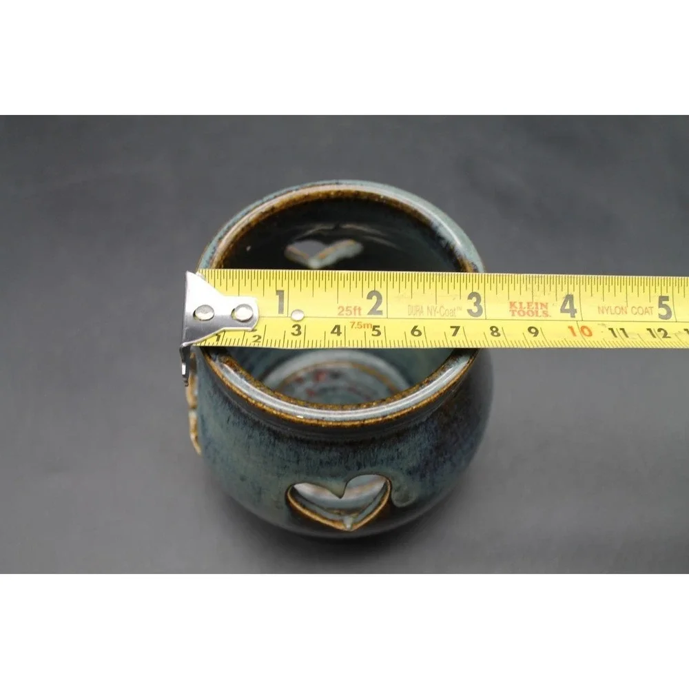 Handmade Pottery Luminary Candle Holder Blue Brown Glazed Tree Heart Cutouts